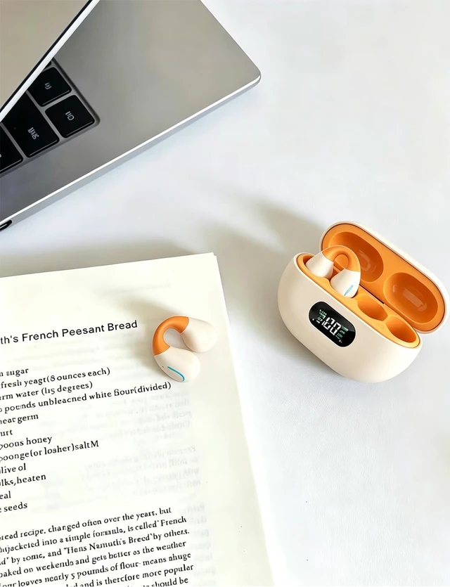 Alt view image 2 of 7 - Real-Time AI Translation Open Ear Earbuds 2026 Clip On Earbuds Open Ear Headphones, Premium Bluetooth, LongLasting 80H Playtime, ClipOn Earbuds for Daily & Sports Workout, Light Orange