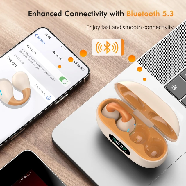 Alt view image 3 of 7 - Real-Time AI Translation Open Ear Earbuds 2026 Clip On Earbuds Open Ear Headphones, Premium Bluetooth, LongLasting 80H Playtime, ClipOn Earbuds for Daily & Sports Workout, Light Orange