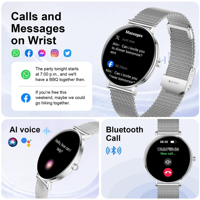 Alt view image 2 of 7 - Smart Watches for Women, 1.32" HD AMOLED Fitness Tracker Make/Answer Calls, 24/7 Heart Rate/Sleep/SpO2 Monitor for Android & iPhone, 130+ Sports Modes Smartwatch with 3ATM Waterproof, 3 Bands