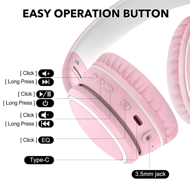 Alt view image 5 of 7 - B10 Wireless Over-Ear Headphones, Lightweight Folding Stereo Bass Bluetooth Headset with Mic, 50H Playtime, Volume Control, Bluetooth 5.3 Headphones for iPad/Travel/Tablet/PC (Pink)
