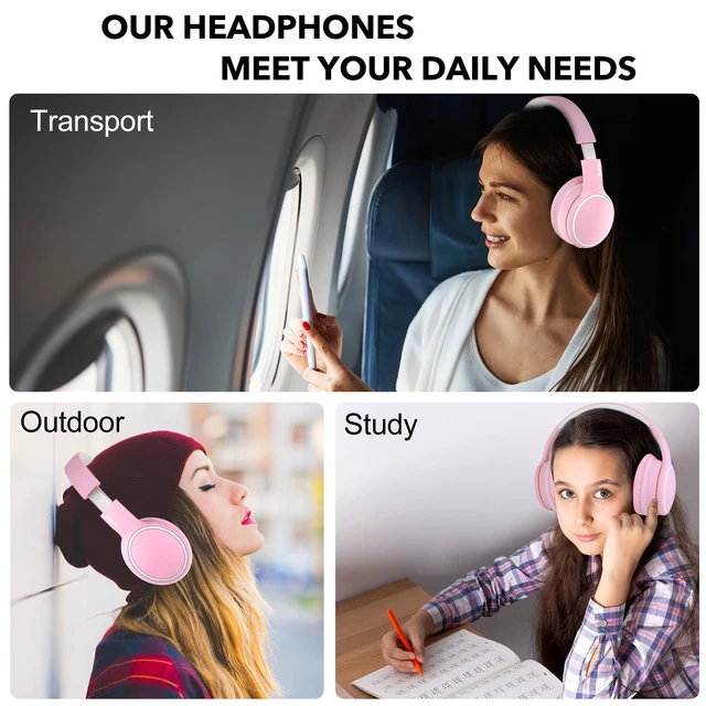 Alt view image 7 of 7 - B10 Wireless Over-Ear Headphones, Lightweight Folding Stereo Bass Bluetooth Headset with Mic, 50H Playtime, Volume Control, Bluetooth 5.3 Headphones for iPad/Travel/Tablet/PC (Pink)