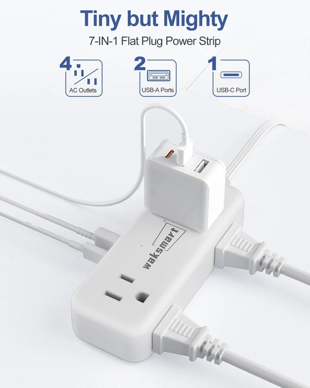 Alt view image 3 of 7 - PD20W Flat Plug Power Strip - 3 Ft Flat Plug Extension Cord 4 AC Outlets 3 Quick Charging USB Ports, Compact for College Dorm, Travel, Home, Office Desk Accessories