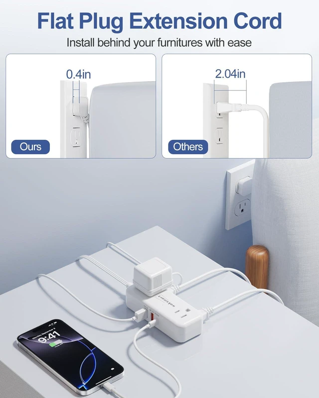 Alt view image 4 of 7 - PD20W Flat Plug Power Strip - 3 Ft Flat Plug Extension Cord 4 AC Outlets 3 Quick Charging USB Ports, Compact for College Dorm, Travel, Home, Office Desk Accessories