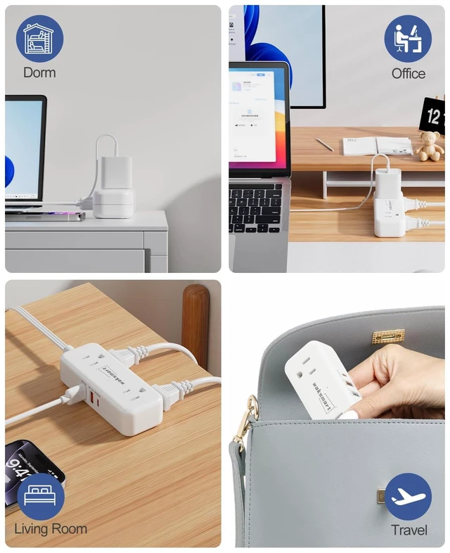 Alt view image 5 of 7 - PD20W Flat Plug Power Strip - 3 Ft Flat Plug Extension Cord 4 AC Outlets 3 Quick Charging USB Ports, Compact for College Dorm, Travel, Home, Office Desk Accessories