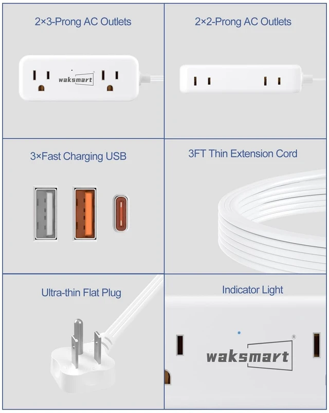 Alt view image 7 of 7 - PD20W Flat Plug Power Strip - 3 Ft Flat Plug Extension Cord 4 AC Outlets 3 Quick Charging USB Ports, Compact for College Dorm, Travel, Home, Office Desk Accessories