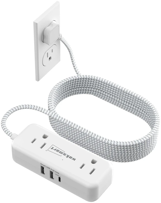 Main image of Flat Plug 15 Extension Cord with 4 AC Outlets Braided Extension Cord, 3 USB Ports (5V/3.4A 17W) for Home Office Dorm 10A 1250W