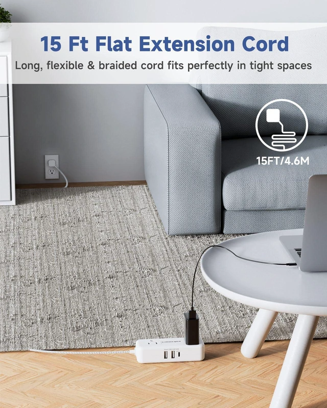 Alt view image 2 of 7 - Flat Plug 15 Extension Cord with 4 AC Outlets Braided Extension Cord, 3 USB Ports (5V/3.4A 17W) for Home Office Dorm 10A 1250W