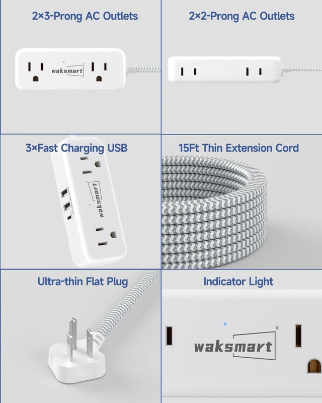 Alt view image 7 of 7 - Flat Plug 15 Extension Cord with 4 AC Outlets Braided Extension Cord, 3 USB Ports (5V/3.4A 17W) for Home Office Dorm 10A 1250W