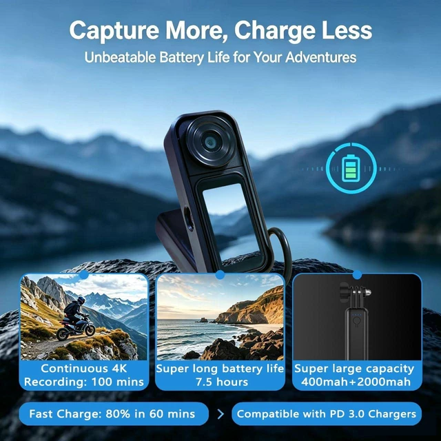 Alt view image 4 of 6 - KG210 Touchscreen 4k Camera with 180° Rotating Lens, Mini Wearable Body Worn Action Camera, Thumb Size, with 360°Rotatable Magnetic Clip,Mount Anywhere for Security, Work, Guard, Travel,Daily
