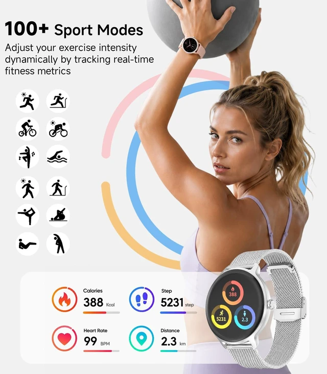 Alt view image 2 of 7 - Smart Watch for Women,24H Activity Tracking,0.39 inch Ultra-Thin Bluetooth Calls & AI Voice,IP68 Waterproof,Heart Rate/SpO2/Period Tracker,100+ Sports Modes,Compatible with Android/iPhone