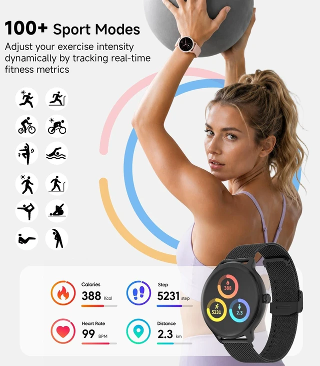 Alt view image 2 of 7 - Smart Watch for Women,24H Activity Tracking,0.39 inch Ultra-Thin Bluetooth Calls & AI Voice,IP68 Waterproof,Heart Rate/SpO2/Period Tracker,100+ Sports Modes,Compatible with Android/iPhone