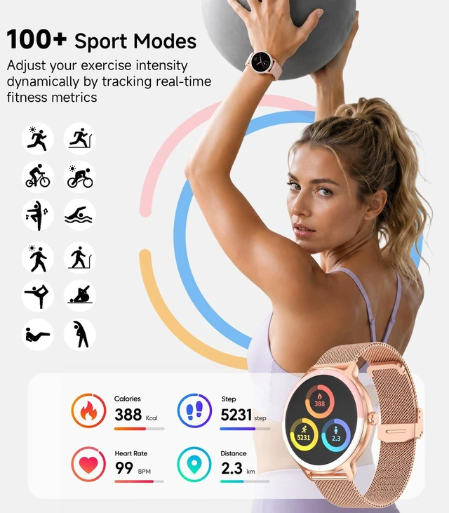 Alt view image 2 of 7 - Smart Watch for Women,24H Activity Tracking,0.39 inch Ultra-Thin Bluetooth Calls & AI Voice,IP68 Waterproof,Heart Rate/SpO2/Period Tracker,100+ Sports Modes,Compatible with Android/iPhone