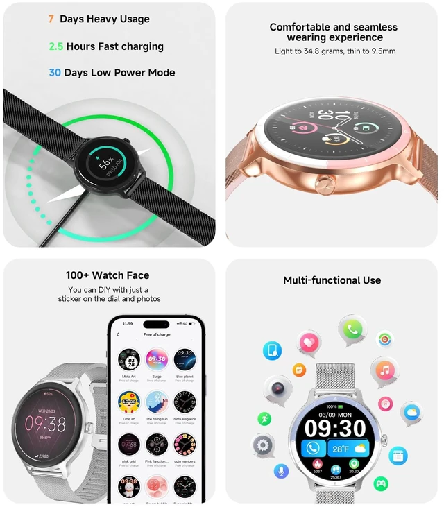 Alt view image 5 of 7 - Smart Watch for Women,24H Activity Tracking,0.39 inch Ultra-Thin Bluetooth Calls & AI Voice,IP68 Waterproof,Heart Rate/SpO2/Period Tracker,100+ Sports Modes,Compatible with Android/iPhone