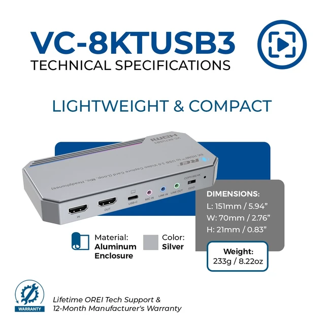 Alt view image 5 of 7 - 4K Capture Card for Streaming USB 3.0 Loop-Out Audio Mixing UVCUAC HDR 4K Capture Card, HDMI to USB Capture Card 8K60 Input, 4K144 Pass-Through, HDMI 2.1, HDCP 2.3, 48Gbps, VC-8KTUSB3