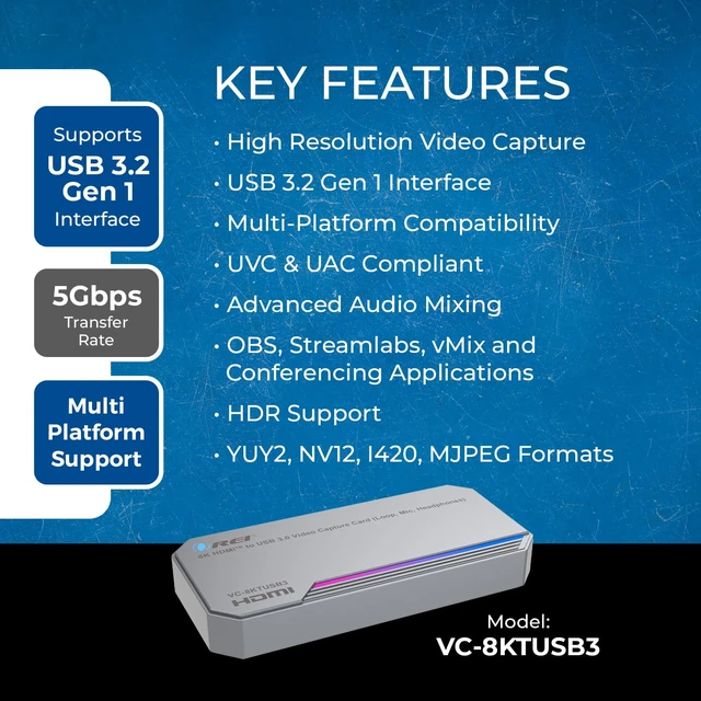 Alt view image 6 of 7 - 4K Capture Card for Streaming USB 3.0 Loop-Out Audio Mixing UVCUAC HDR 4K Capture Card, HDMI to USB Capture Card 8K60 Input, 4K144 Pass-Through, HDMI 2.1, HDCP 2.3, 48Gbps, VC-8KTUSB3