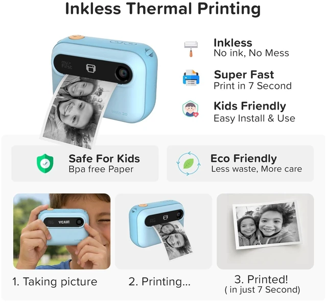 Alt view image 5 of 7 - Kids Camera Instant Print, 16MP with 9 Rolls Paper, Travel Case insta 20 Bundle, 7s inkless printing, 1080P video, selfie lens, travel toy Camera, school play, birthday gift for ages 4-12