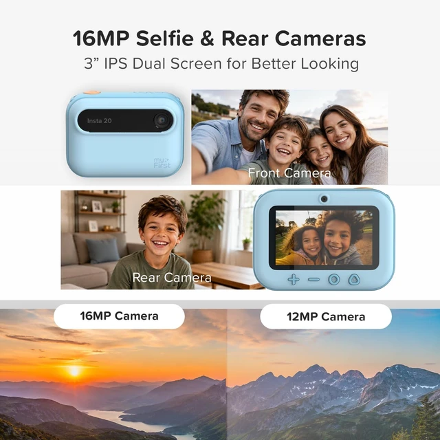 Alt view image 6 of 7 - Kids Camera Instant Print, 16MP with 9 Rolls Paper, Travel Case insta 20 Bundle, 7s inkless printing, 1080P video, selfie lens, travel toy Camera, school play, birthday gift for ages 4-12