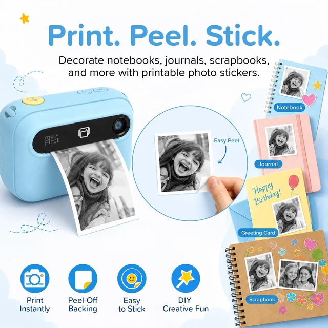 Alt view image 4 of 7 - Kids Camera Instant Print, 16MP with 9 Rolls Paper, Travel Case insta 20 Bundle, 7s inkless printing, 1080P video, selfie lens, travel toy Camera, school play, birthday gift for ages 4-12