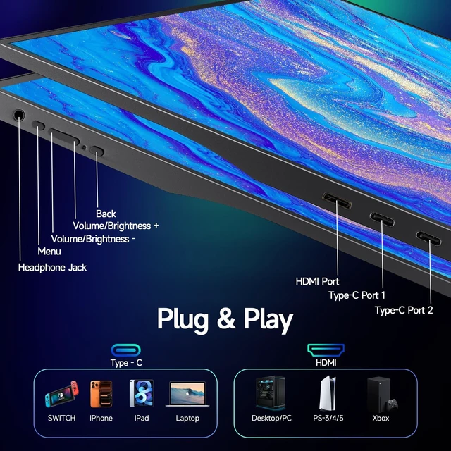 Alt view image 7 of 7 - 15.6" Portable Monitor for Laptop, USBC HDMI Laptop Screen Extender Ultra-Slim Travel IPS Display with HDR, 100% sRGB, VESA Mount & Built-in Speakers for Mac Phone PS5 Xbox Switch