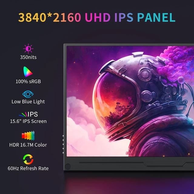 Alt view image 2 of 7 - 15.6" Plug & Play Portable Monitor, Second Laptop Monitor Extender USB-C/HDMI UHD Computer Monitor with Built-in Speakers, Works with Laptop/PC/MAC/PS5/Xbox/Switch for Travel Home Office