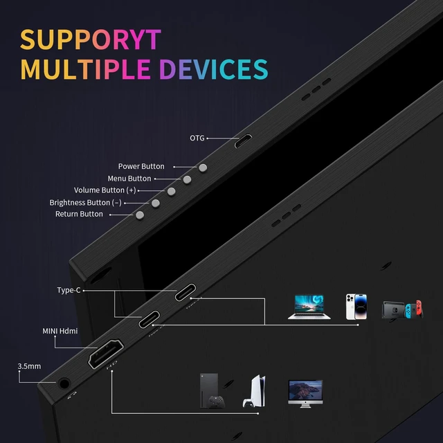 Alt view image 5 of 7 - 15.6" Plug & Play Portable Monitor, Second Laptop Monitor Extender USB-C/HDMI UHD Computer Monitor with Built-in Speakers, Works with Laptop/PC/MAC/PS5/Xbox/Switch for Travel Home Office