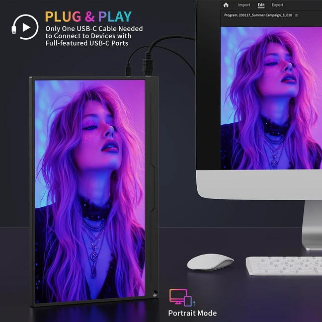 Alt view image 7 of 7 - 15.6" Plug & Play Portable Monitor, Second Laptop Monitor Extender USB-C/HDMI UHD Computer Monitor with Built-in Speakers, Works with Laptop/PC/MAC/PS5/Xbox/Switch for Travel Home Office