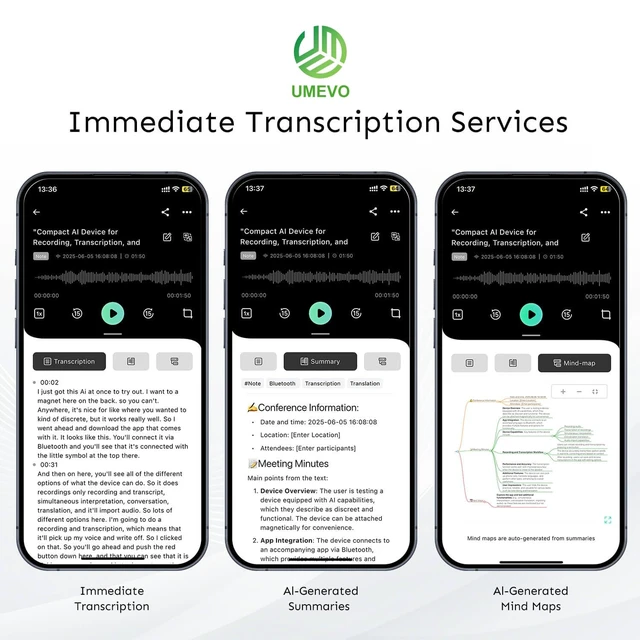 Alt view image 4 of 7 - UMEVO Note Plus AI Voice Recorder Unlimited Transcribe & Summarize AI Note Taking Device 64GB with Case, App Control, 140 Languages for Calls, Lectures, Meetings, Interviews(Blue)