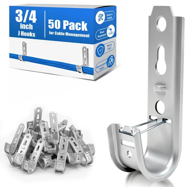 Main image of 3/4 Inch J Hooks Wall Mount Cable Support, 50 Pack with Retainer Clips 16-Gauge Galvanized Steel, Up to 50 lb; Holds About 7 CAT6 Cables for Ethernet, Coax & Fiber, Screws Not Included