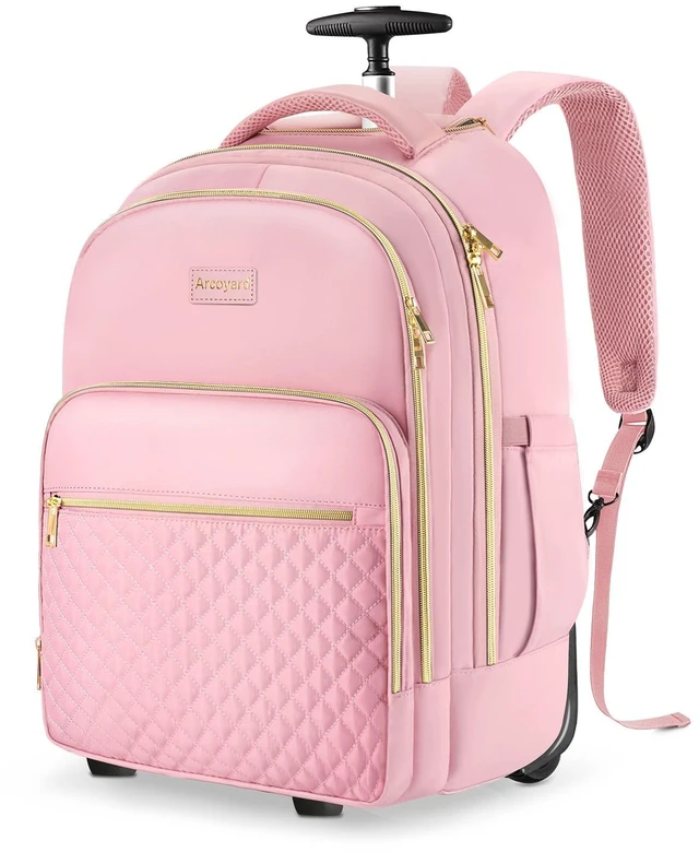 Main image of Rolling Backpack for Women, 17.3 Inch Travel Backpack with Wheels Wheeled Laptop Backpack, Water Resistant Carry On Luggage, Anti Theft Business Bag for Work College, Pink Gold