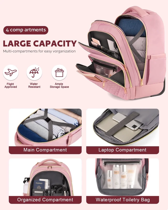 Alt view image 3 of 7 - Rolling Backpack for Women, 17.3 Inch Travel Backpack with Wheels Wheeled Laptop Backpack, Water Resistant Carry On Luggage, Anti Theft Business Bag for Work College, Pink Gold