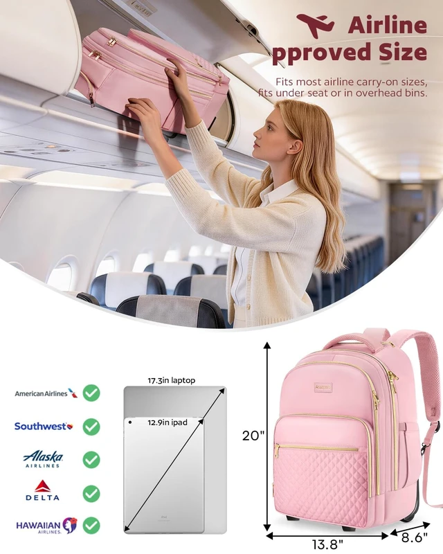 Alt view image 4 of 7 - Rolling Backpack for Women, 17.3 Inch Travel Backpack with Wheels Wheeled Laptop Backpack, Water Resistant Carry On Luggage, Anti Theft Business Bag for Work College, Pink Gold