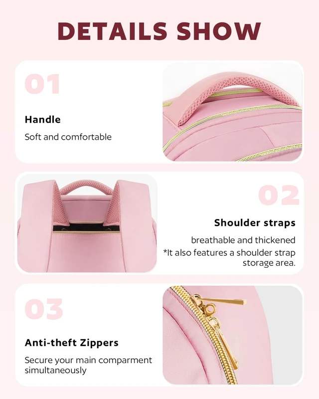 Alt view image 5 of 7 - Rolling Backpack for Women, 17.3 Inch Travel Backpack with Wheels Wheeled Laptop Backpack, Water Resistant Carry On Luggage, Anti Theft Business Bag for Work College, Pink Gold