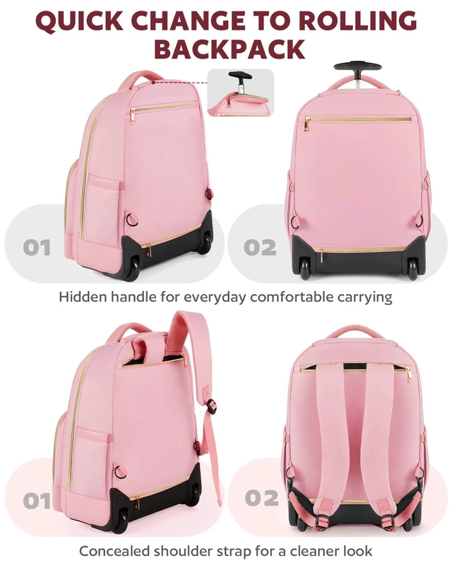 Alt view image 7 of 7 - Rolling Backpack for Women, 17.3 Inch Travel Backpack with Wheels Wheeled Laptop Backpack, Water Resistant Carry On Luggage, Anti Theft Business Bag for Work College, Pink Gold