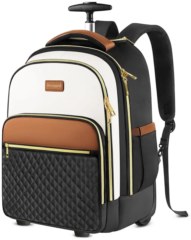 Main image of Rolling Backpack for Women, 17.3 Inch Travel Backpack with Wheels Wheeled Laptop Backpack, Water Resistant Carry On Luggage, Anti Theft Business Bag for Work College, Beige Brown