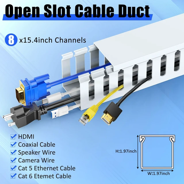 Alt view image 2 of 7 - Open Slot Wiring Raceway Cable Duct,Cable Management Cord Track 123" open slot cable raceway,White 1.97x1.97",8 pcs desk wire channel to hide computer cables and cords