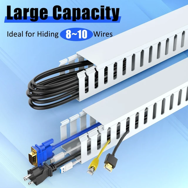 Alt view image 4 of 7 - Open Slot Wiring Raceway Cable Duct,Cable Management Cord Track 123" open slot cable raceway,White 1.97x1.97",8 pcs desk wire channel to hide computer cables and cords