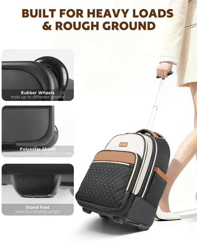 Alt view image 5 of 7 - Rolling Backpack for Women, 17.3 Inch Travel Backpack with Wheels Wheeled Laptop Backpack, Water Resistant Carry On Luggage, Anti Theft Business Bag for Work College, Beige Brown