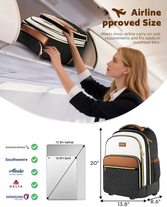 Alt view image 6 of 7 - Rolling Backpack for Women, 17.3 Inch Travel Backpack with Wheels Wheeled Laptop Backpack, Water Resistant Carry On Luggage, Anti Theft Business Bag for Work College, Beige Brown