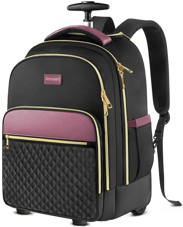 Main image of Rolling Backpack for Women, 17.3 Inch Travel Backpack with Wheels Wheeled Laptop Backpack, Water Resistant Carry On Luggage, Anti Theft Business Bag for Work College, Black Purple