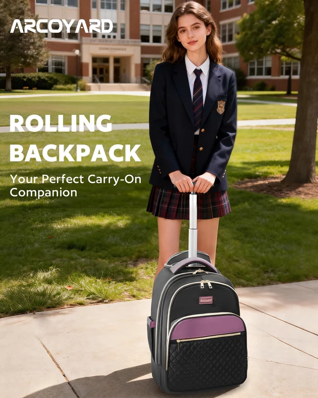 Alt view image 2 of 7 - Rolling Backpack for Women, 17.3 Inch Travel Backpack with Wheels Wheeled Laptop Backpack, Water Resistant Carry On Luggage, Anti Theft Business Bag for Work College, Black Purple