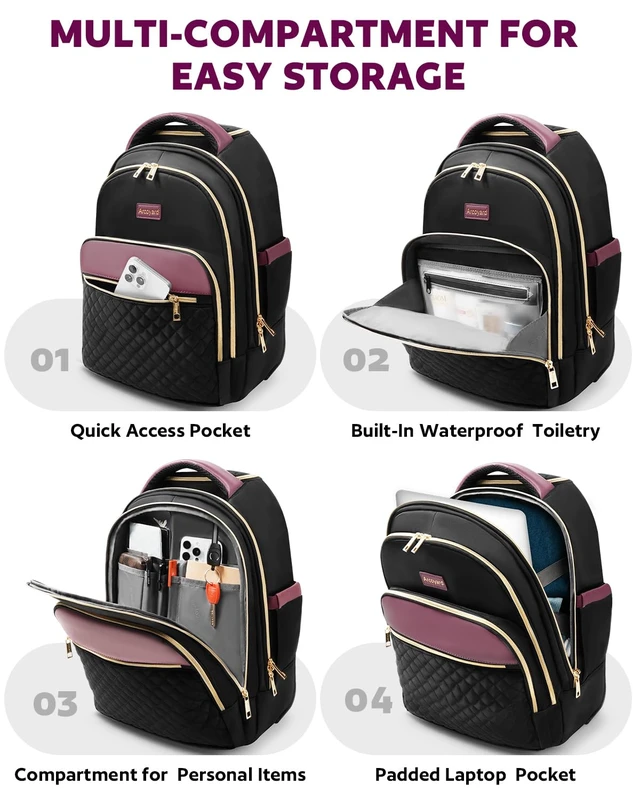 Alt view image 4 of 7 - Rolling Backpack for Women, 17.3 Inch Travel Backpack with Wheels Wheeled Laptop Backpack, Water Resistant Carry On Luggage, Anti Theft Business Bag for Work College, Black Purple
