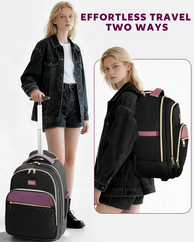 Alt view image 3 of 7 - Rolling Backpack for Women, 17.3 Inch Travel Backpack with Wheels Wheeled Laptop Backpack, Water Resistant Carry On Luggage, Anti Theft Business Bag for Work College, Black Purple