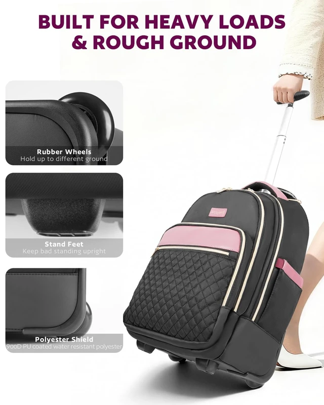 Alt view image 5 of 7 - Rolling Backpack for Women, 17.3 Inch Travel Backpack with Wheels Wheeled Laptop Backpack, Water Resistant Carry On Luggage, Anti Theft Business Bag for Work College, Black Purple