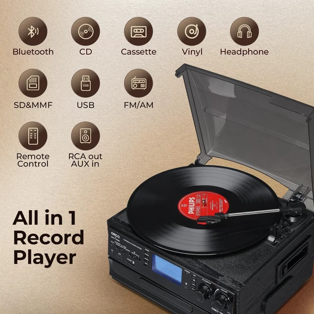 Alt view image 2 of 7 - 10-in-1 Bluetooth Turntable Record Player with Built-in Speaker, Vinyl Turntable CD Cassette and FM/AM Radio Combo, AUX in RCA Out USB MP3 Recording Headphone Jack Compact