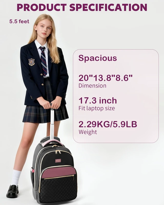 Alt view image 7 of 7 - Rolling Backpack for Women, 17.3 Inch Travel Backpack with Wheels Wheeled Laptop Backpack, Water Resistant Carry On Luggage, Anti Theft Business Bag for Work College, Black Purple