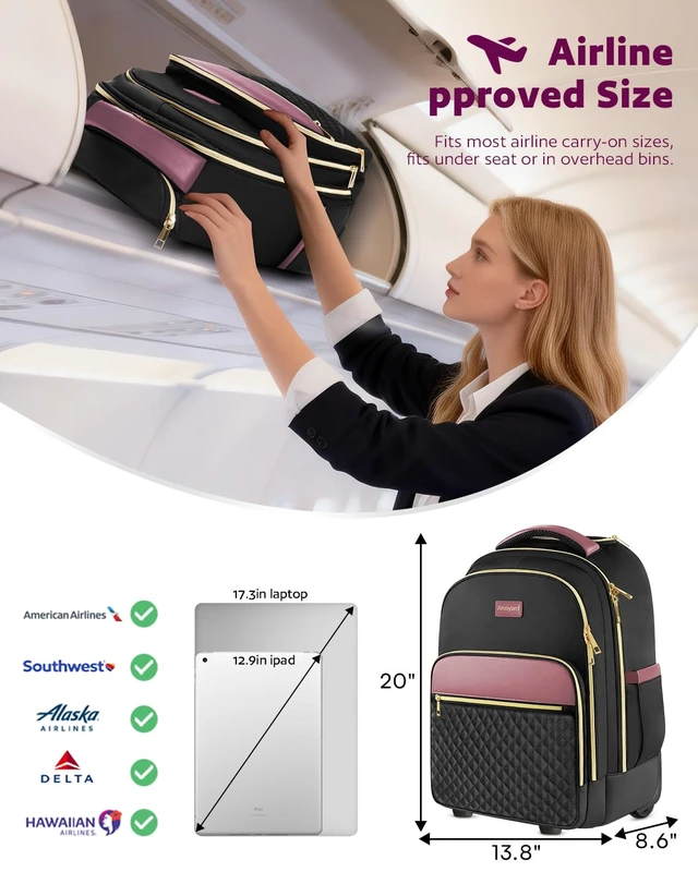 Alt view image 6 of 7 - Rolling Backpack for Women, 17.3 Inch Travel Backpack with Wheels Wheeled Laptop Backpack, Water Resistant Carry On Luggage, Anti Theft Business Bag for Work College, Black Purple