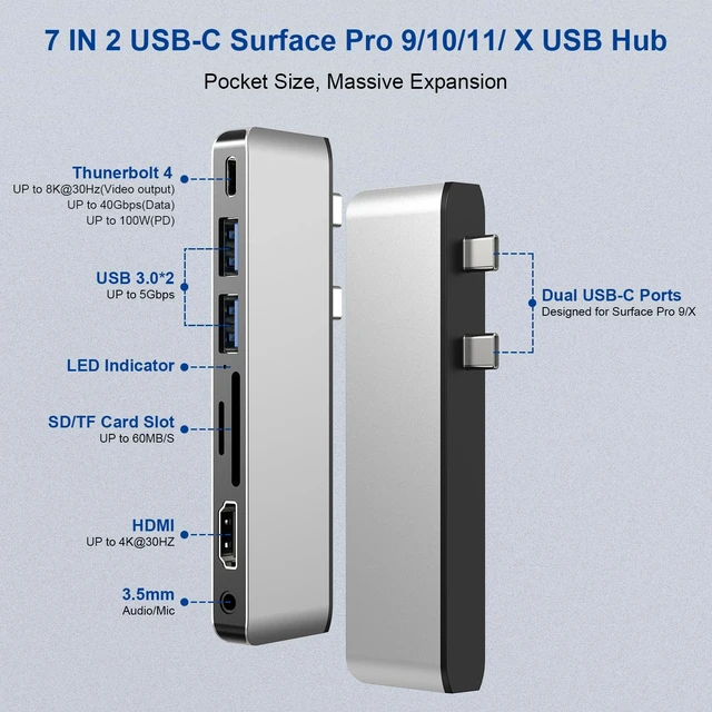 Alt view image 2 of 7 - Surface Pro 2026(13-inch)/11/10/9/X Docking Station, Surface Pro 11 USB Hub with 4K HDMI, USB-C Thunderbolt 4 (Display+Data+100W PD), 2 USB 3.0, 3.5mm, SD/TF Card Slot for Surface Pro 2026/11/10/9/X