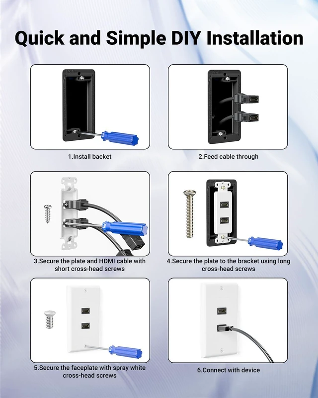 Alt view image 4 of 7 - 4K HDMI Outlet Wall Plate 2-Port Kit, with Mounting Bracket, 2 Pack Low Voltage Mounting Bracket Included, Supports 4K@60 Hz HDR ARC, HDMI Wall Plate Pass Through for Home Theater
