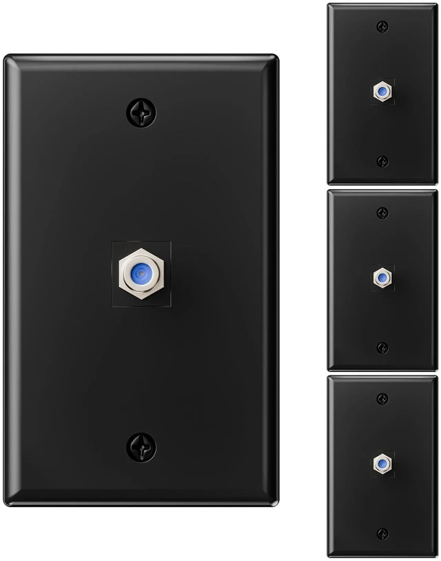 Main image of Coax Wall Plate UL Listed, 3GHz Coaxial Cable Outlet, Black 4-Pack UL Listed for Safety, 3GHz Coaxial Cable Support, Nickel-Plated F-Type Jack