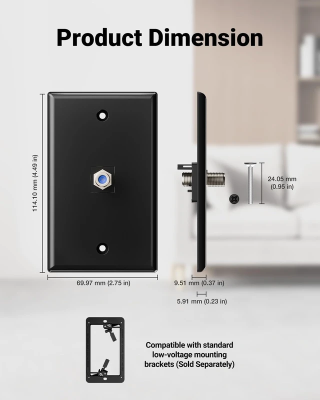 Alt view image 5 of 7 - Coax Wall Plate UL Listed, 3GHz Coaxial Cable Outlet, Black 4-Pack UL Listed for Safety, 3GHz Coaxial Cable Support, Nickel-Plated F-Type Jack